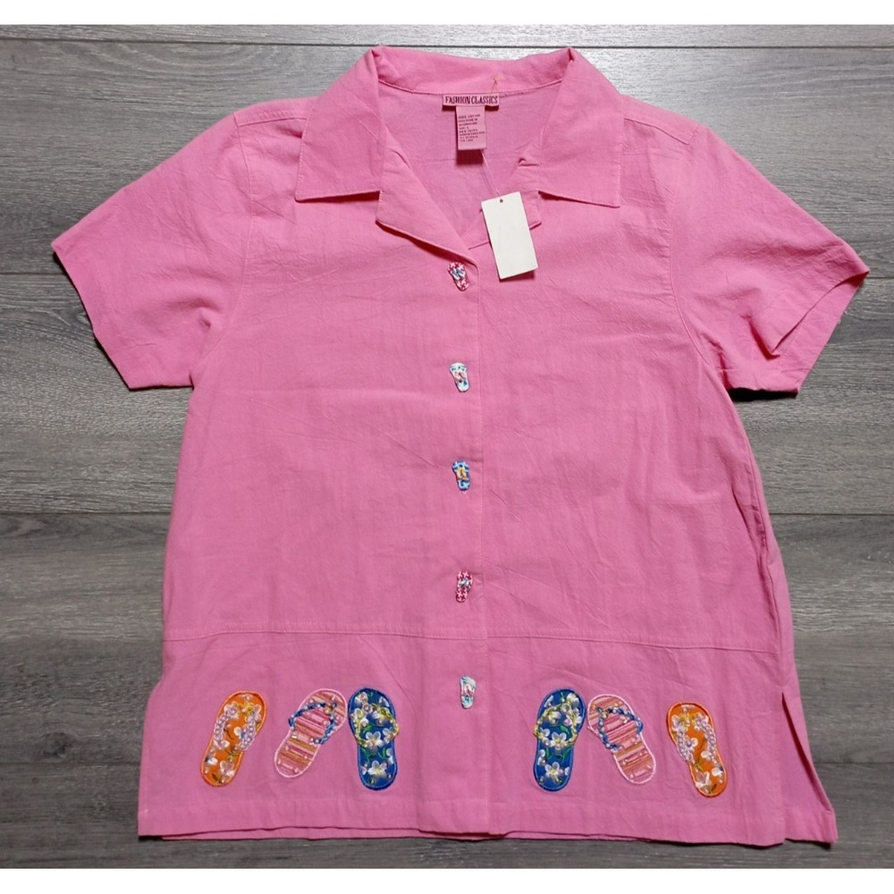 Fashion Classics Shirt Adult Womens Large Sandals Buttons Pink 100% Cotton